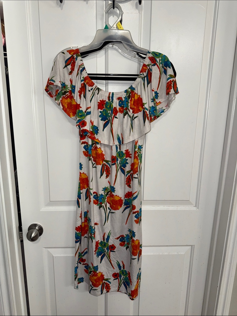 Absolutely White Midi Dress with Red & Teal Floral Print